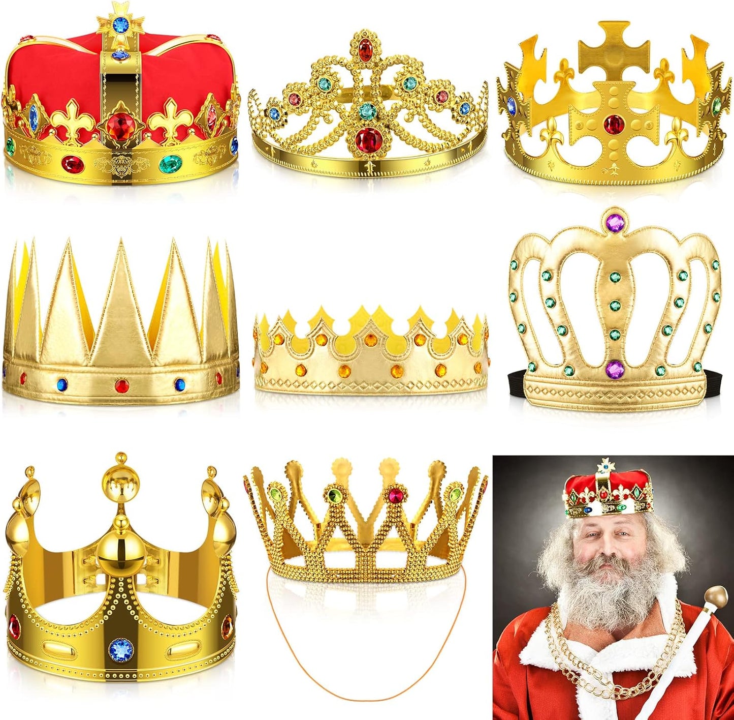 Yingzhao 8 Pcs Royal King Crown for Kid Plastic Queen Prince Princess Crown Jeweled Costume Accessory for Adult Boy Girl (Gold)