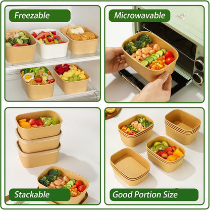50-Pack 29oz Disposable Kraft Paper Bowls【with Lids and Forks】,Meal Prep Containers Disposable Togo Food Deli Containers for Restaurant Supplies Take Out Containers, Microwave Safe for Hot/Cold Food