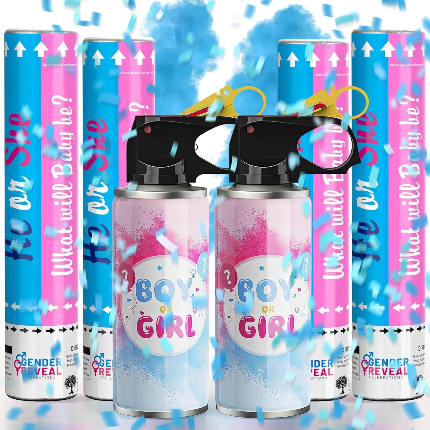 POPUPARTY 2 Pack Pink Gender Reveal Fire Extinguishers with 4 Pack Pink Confetti Cannons for Baby Girl Gender Reveal Party
