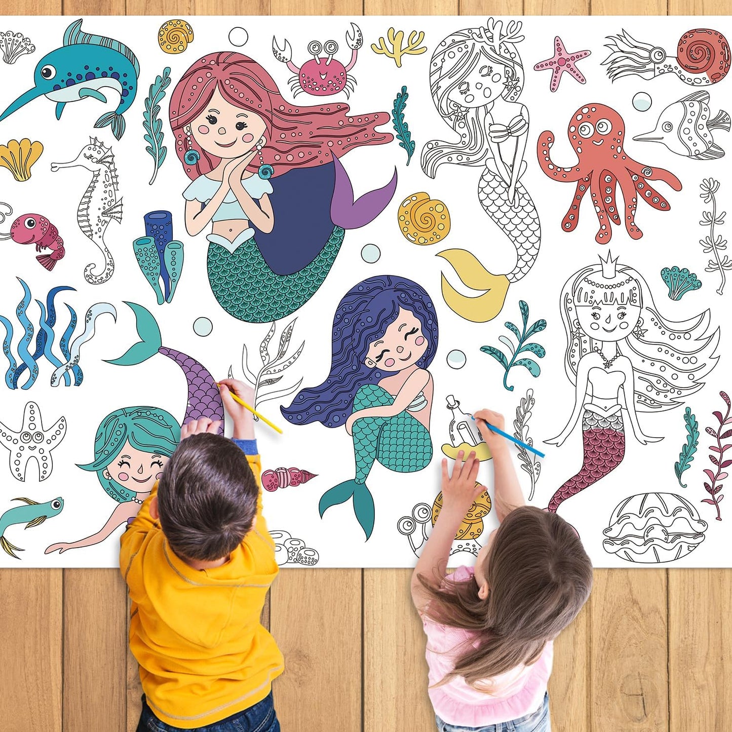 43.3x31.5 Summer Coloring Poster with Picture, Giant Cute Painting Poster, Large Coloring Tablecloth for Classroom Home Birthday Party Supplies Favor