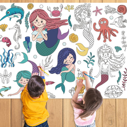 43.3x31.5 Summer Coloring Poster with Picture, Giant Cute Painting Poster, Large Coloring Tablecloth for Classroom Home Birthday Party Supplies Favor