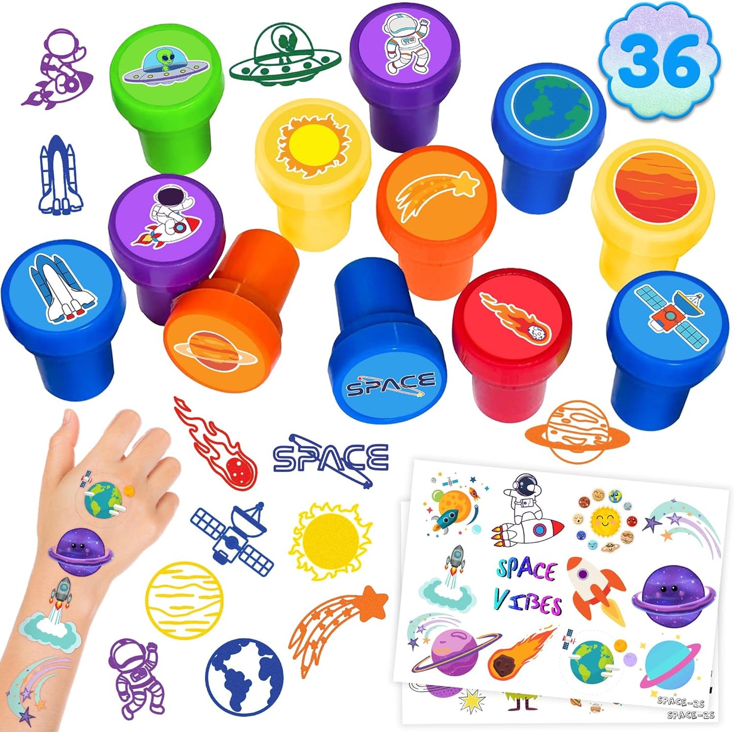 36PCS Space Party Favors - 24PCS Temporary Tattoos & 12PCS Stamps - Ideal Astronaut Galaxy Themed Birthday Card Decorations Supplies Goodie Bag Cute Rewards for Boys Girls Classroom Gifts Baby Shower