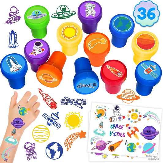 36PCS Space Party Favors - 24PCS Temporary Tattoos & 12PCS Stamps - Ideal Astronaut Galaxy Themed Birthday Card Decorations Supplies Goodie Bag Cute Rewards for Boys Girls Classroom Gifts Baby Shower