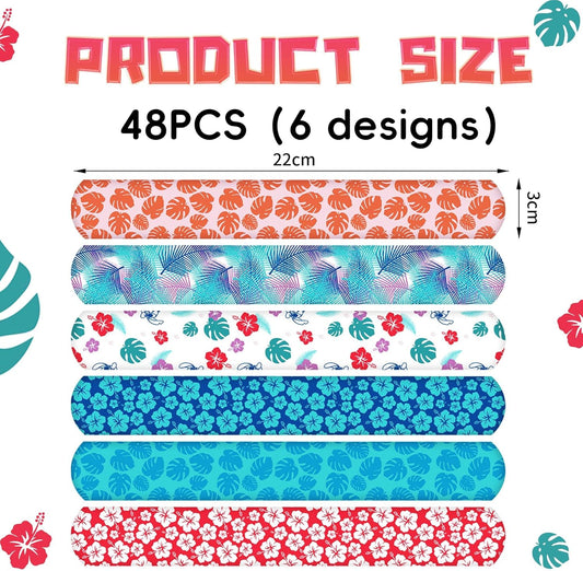 48PCS Hawaiian Themed Slap Bracelets Bulk for Cartoon Tropical Party Favor Element Palm Leaves Hibiscus Flowers Pattern Snap Slap Wristbands for Animation Birthday Party Favors Prizes Exchanging Gifts