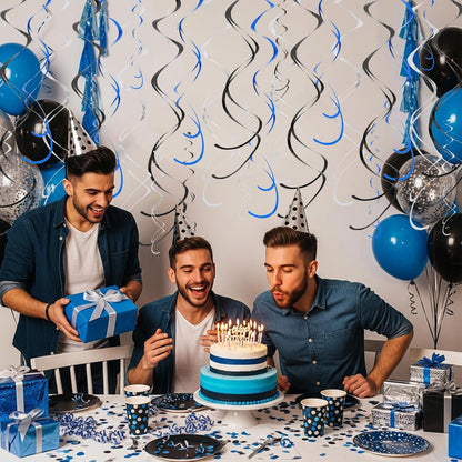 BEISHIDA Blue Blue Silver Hanging Swirls Party Decorations Plastic Streamer for Ceiling, Birthday Hanging Party Supplies, Pack of 30