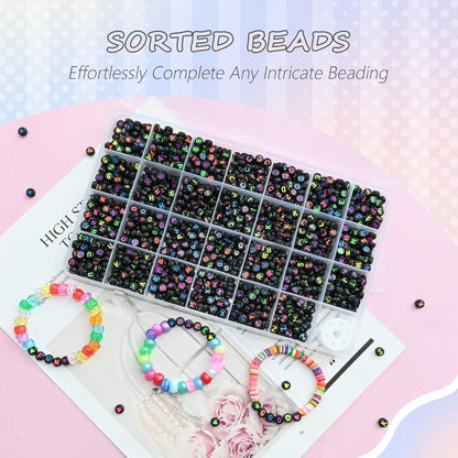 Amaney 1400pcs Glow Letter Beads, Heart Beads Whit Elastic Beading Cord,4x7mm Round Acrylic Alphabet Beads for Friend Bracelet Jewelry Making
