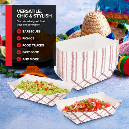 Stock Your Home 100-Pack 3 lb Paper Food Trays – Red & White Checkered Disposable Paper Food Boats, Eco-Friendly Serving Trays for Concessions, Nachos, Snacks & Condiments – 5.75" x 3"