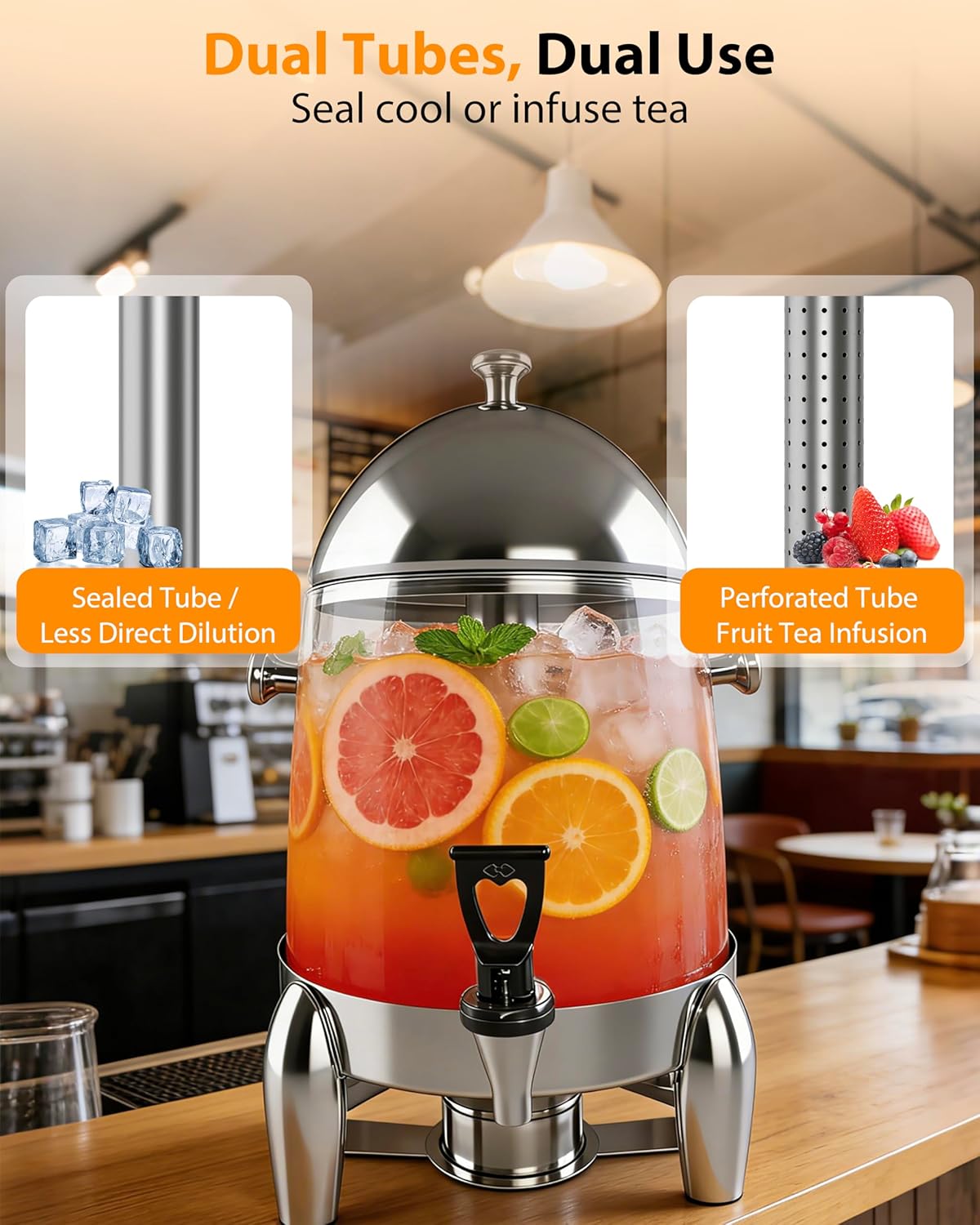 Beverage Dispenser with Stand,2 Gallon Drink Dispenser for Parties,Events,Buffet &Self-Serve,Dual Ice Tube Core Fruit Infuser,Leakproof Spigot,Clear PC Container,Stainless Steel Lid&Base