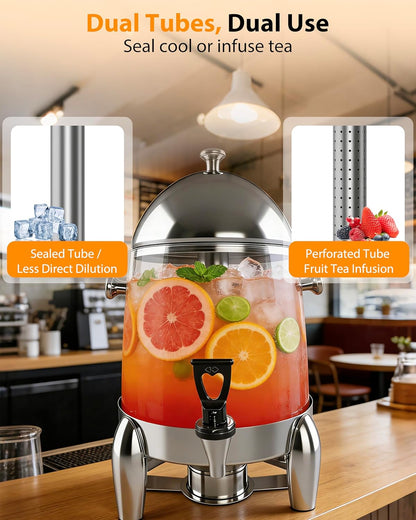 Beverage Dispenser with Stand,2 Gallon Drink Dispenser for Parties,Events,Buffet &Self-Serve,Dual Ice Tube Core Fruit Infuser,Leakproof Spigot,Clear PC Container,Stainless Steel Lid&Base