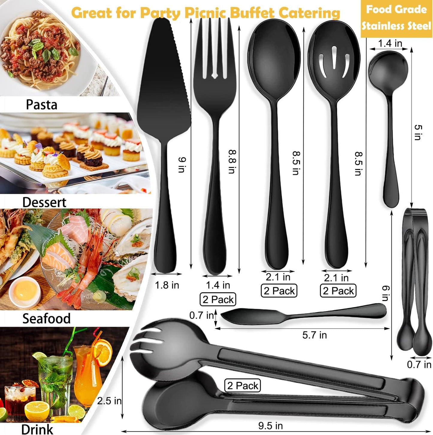 11 PCS Serving Utensils, Large Stainless Steel Spoons Forks Tongs, Pie Server, Great for Hostess Buffet Catering Banquet Party, Silver