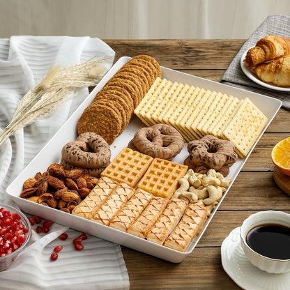 4-Pack Plastic 16" x 11" Large White Serving Trays Set - Reusable Serving Platters for Cookie, Appetizer, Charcuterie, Snack, Dessert, Party Food Display - Stackable Kitchen CounterTop Tray, BPA Free