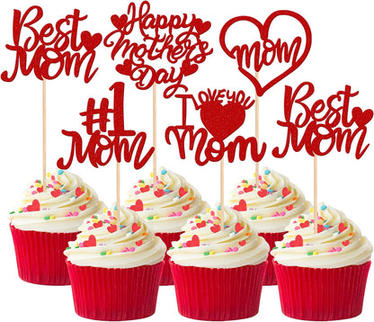 24 PCS Happy Mother's Day Cupcake Toppers with Glitter Heart Love Mother Best Mom Cupcake Picks for Happy Mother's Day Theme Women Birthday Party Cake Decorations Supplies Rose Gold