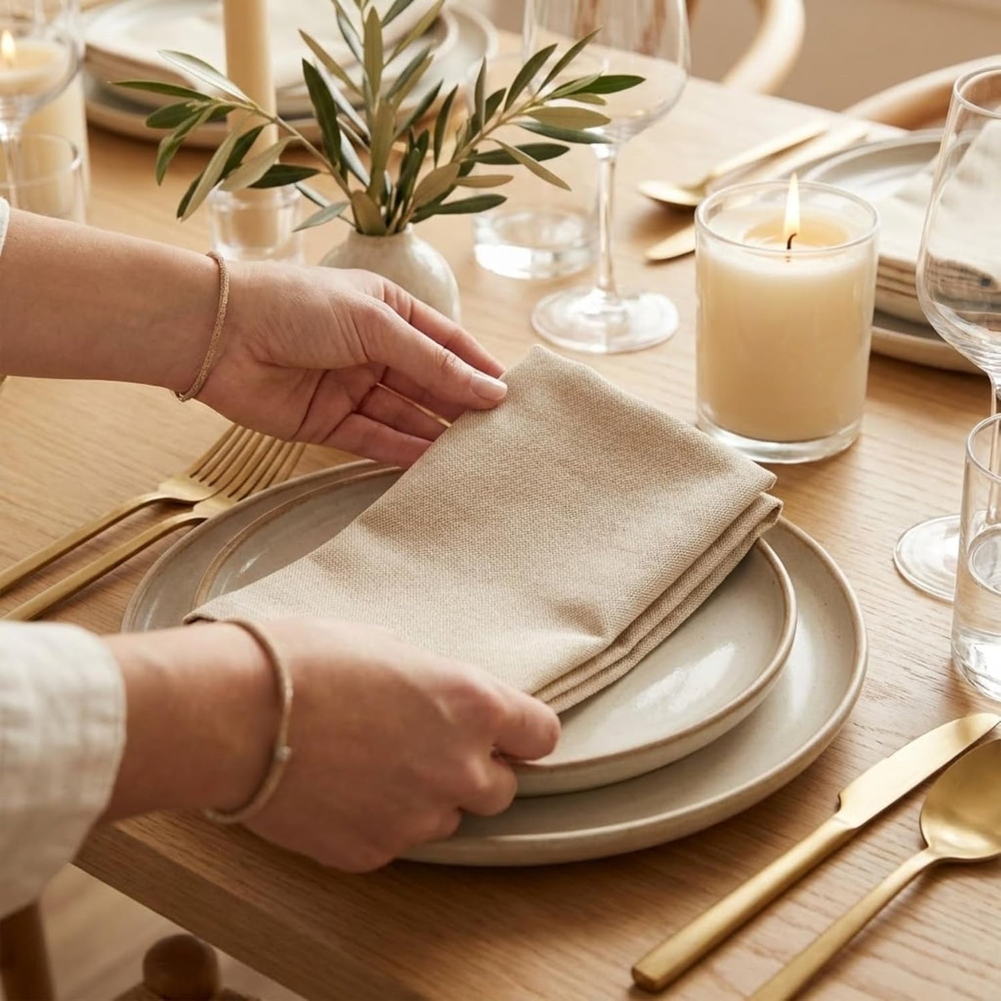 ACCENTHOME Natural Cotton Linen Napkin Set of 12 18x18 inch Dinner Napkins - Washable Soft Premium Hotel Quality Reusable Hemmed Edges Napkins Perfect Table Linens for Family Dinners, Weddings