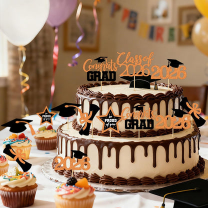 48 PCS Graduation Cupcake Toppers, Glittery 6 Styles Congrats Grad Cake Topper, Black and Red Graduation Decorations 2026, Cap and Diploma Cake Picks for Grad Party Supplies