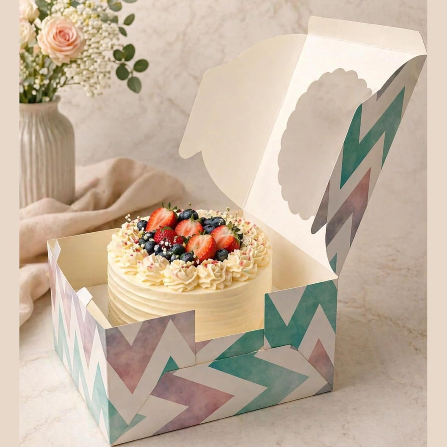 Kraft Cake Boxes with Window (10pcs) - Brown Bakery Boxes for Cakes, Donuts, Pie, Cookies, Cupcakes, Chocolates, Desserts: Size 10x10x5 Inches