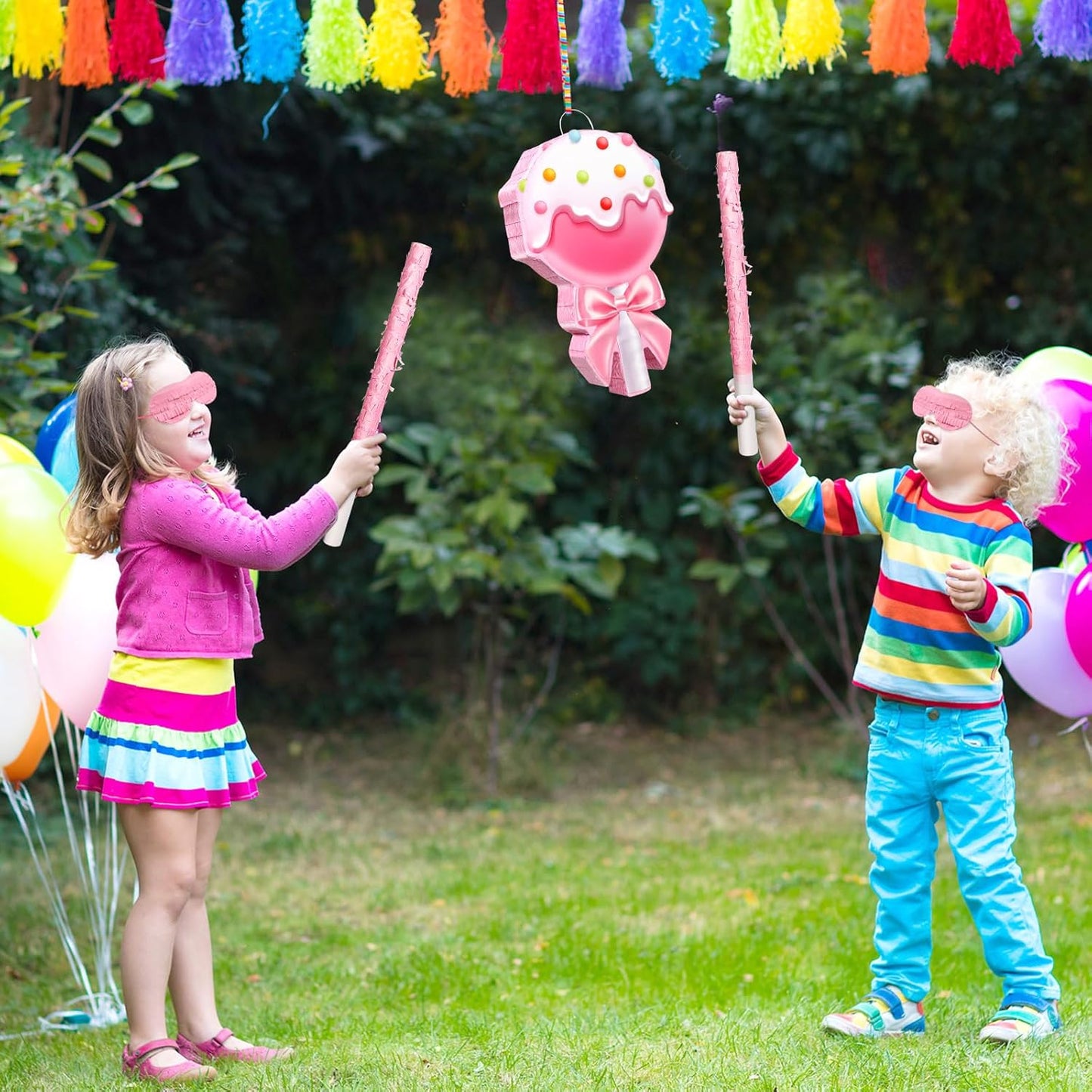 Aoriher Candy Party Favor Candy Piñata with Stick Blindfold Pink Sweet Lollipop Candy Piñata for Birthday Party Supplies Decoration