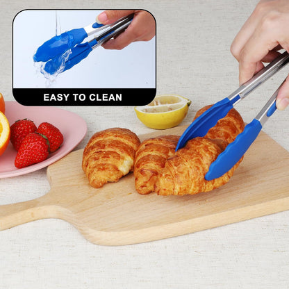 Hotec Mini Silicone Kitchen Tongs for Cooking - 7-Inch Small Serving Tongs with Silicone Tips, Set of 3 (Blue)