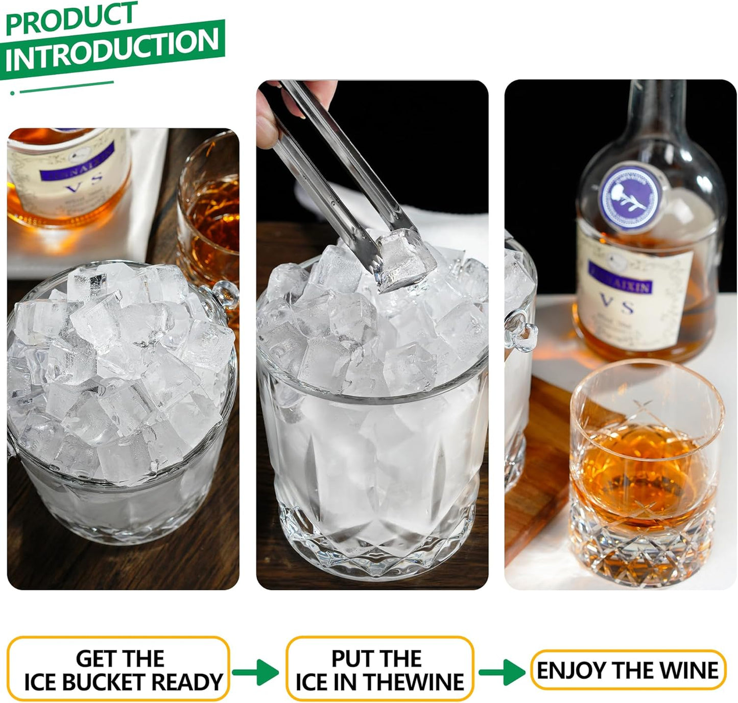 Glass Ice Bucket with Handle and Ice Tong Holds 37oz of Ice Clear Crystal Ice Buckets for Cocktail Bar Wine Home Bar Accessories Parties Clear Champagne Bucket