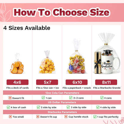 LOKQING Clear Cellophane Treat Bags 6 x 10 in, 100 Pack Mothers Day Gift Bags with Twist Ties, Bags for Cookies, Candy, Party Favors, Bakery Packaging and Small Gifts