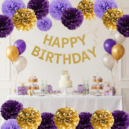 12Pcs Purple and Gold Hanging Tissue Paper Pom Poms,Pompoms Flowers for Ceiling Party Decorations(Purple,Light Purple,Gold)
