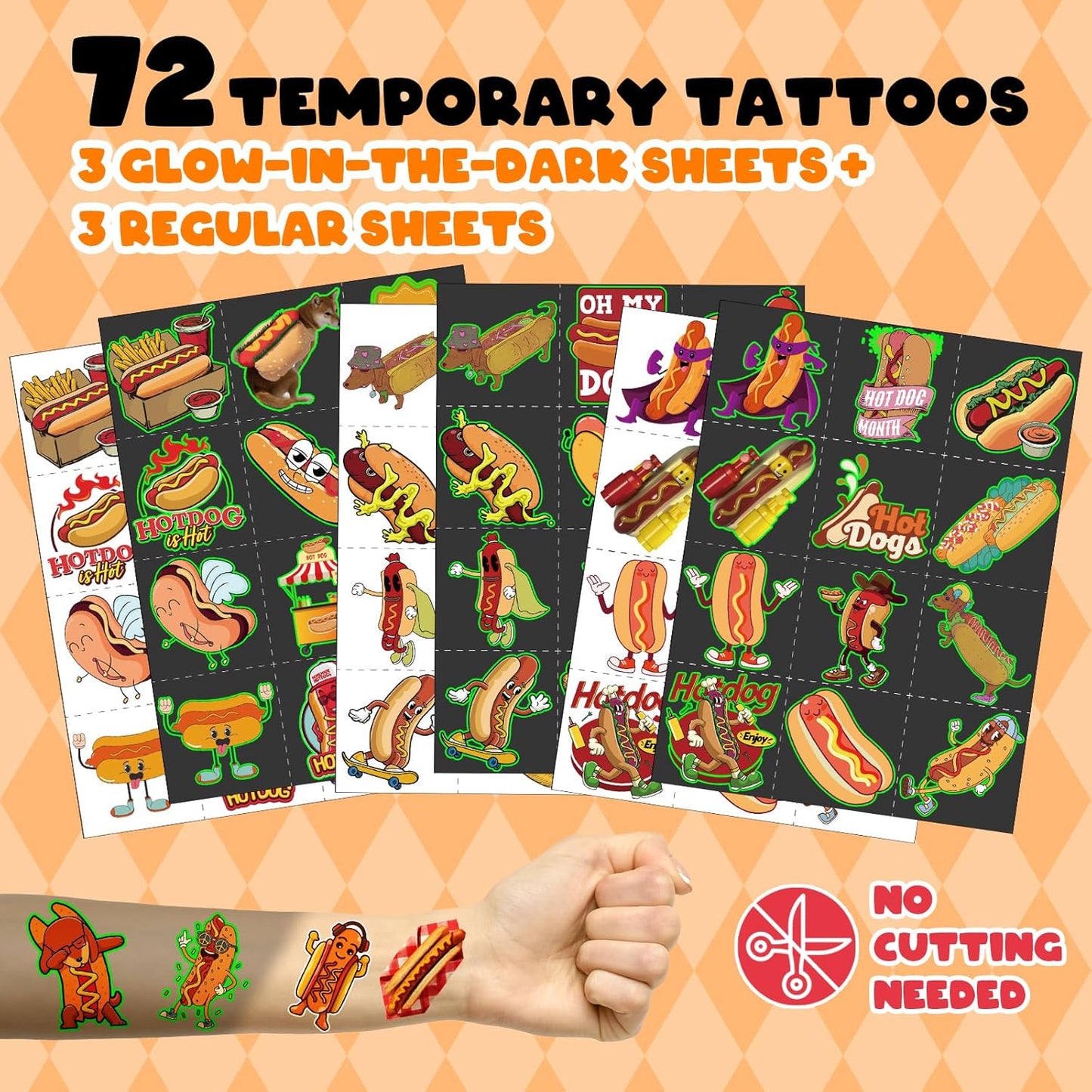 96 PCS Hot Dog Party Favors Set – 72 Pre-Cut Temporary Tattoos & 24 Slap Bracelets for Kids, Perfect for Food-Themed Birthday Parties, BBQ Celebrations & Classroom Rewards