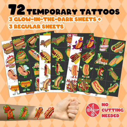 96 PCS Hot Dog Party Favors Set – 72 Pre-Cut Temporary Tattoos & 24 Slap Bracelets for Kids, Perfect for Food-Themed Birthday Parties, BBQ Celebrations & Classroom Rewards