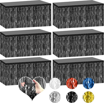 2 Pack 29.5x108 Inch Silver Foil Tinsel Fringe Table Skirts, Disposable Table Skirts for Rectangle Tables Curtains Backdrop Parade Wedding Floats Baby Shower Birthday Mardi Gras Party
