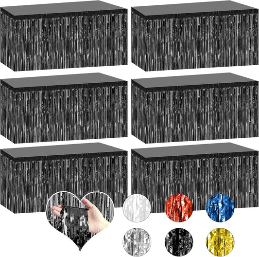 2 Pack 29.5x108 Inch Silver Foil Tinsel Fringe Table Skirts, Disposable Table Skirts for Rectangle Tables Curtains Backdrop Parade Wedding Floats Baby Shower Birthday Mardi Gras Party