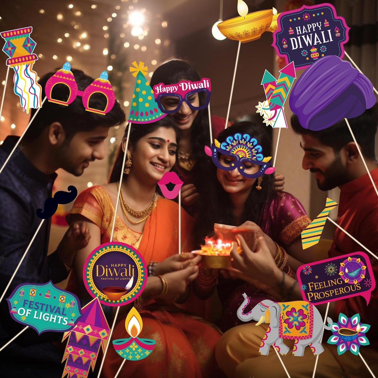 KYMY Happy Diwali Party Photo Booth Props Set, 1pc Deepavali Rangoli Selfie Frame with 20pcs Photo Booth Props, India Festival of Lights Party Favors for Hindu Diwali Themed Decorations Supplies