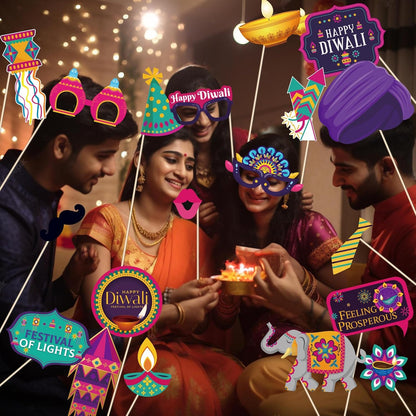 KYMY Happy Diwali Party Photo Booth Props Set, 1pc Deepavali Rangoli Selfie Frame with 20pcs Photo Booth Props, India Festival of Lights Party Favors for Hindu Diwali Themed Decorations Supplies