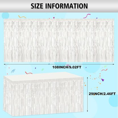 2 Pack 29.5x108 Inch Silver Foil Tinsel Fringe Table Skirts, Disposable Table Skirts for Rectangle Tables Curtains Backdrop Parade Wedding Floats Baby Shower Birthday Mardi Gras Party