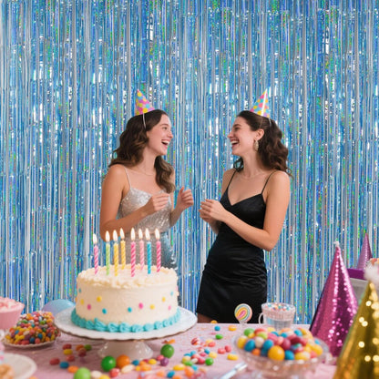Iridescent Party Decorations Fringe Backdrop, Sparkling Holographic Foil Fringe Tinsel Curtains for Frozen Mermaid Birthday Party Decor - 3.28x6.56ft 2 Packs