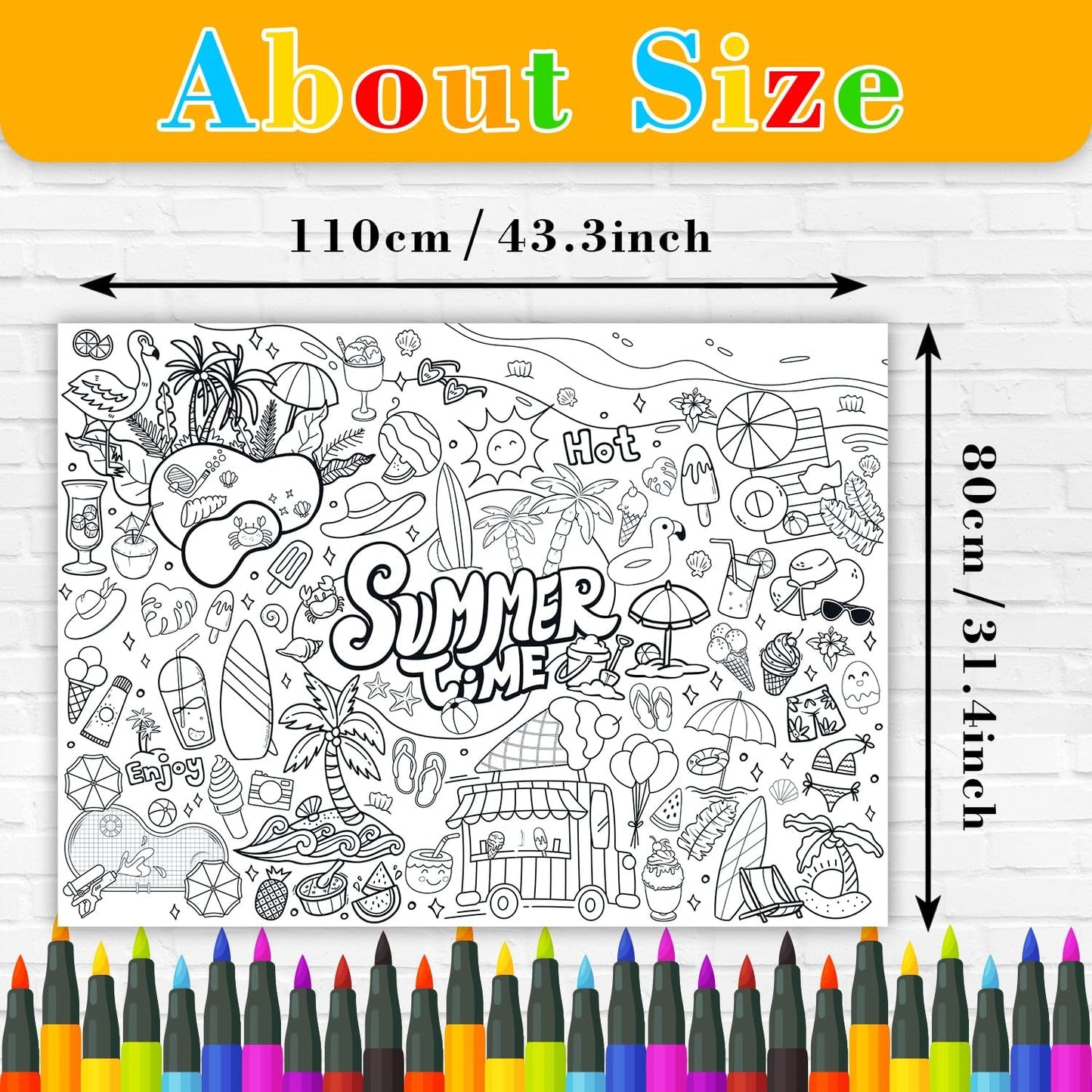 43.3x31.5 Summer Coloring Poster with Picture, Giant Cute Painting Poster, Large Coloring Tablecloth for Classroom Home Birthday Party Supplies Favor