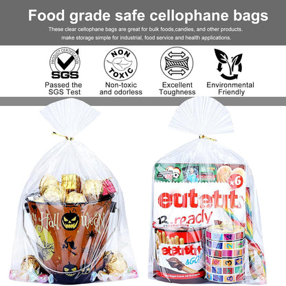 Clear Candy Bags 100pcs 6X10 Cellophane Treat Bag Party Favor Goodie Cake Pop Gift Apple Cello for Gift Baskets Bakery Cookie with Ties