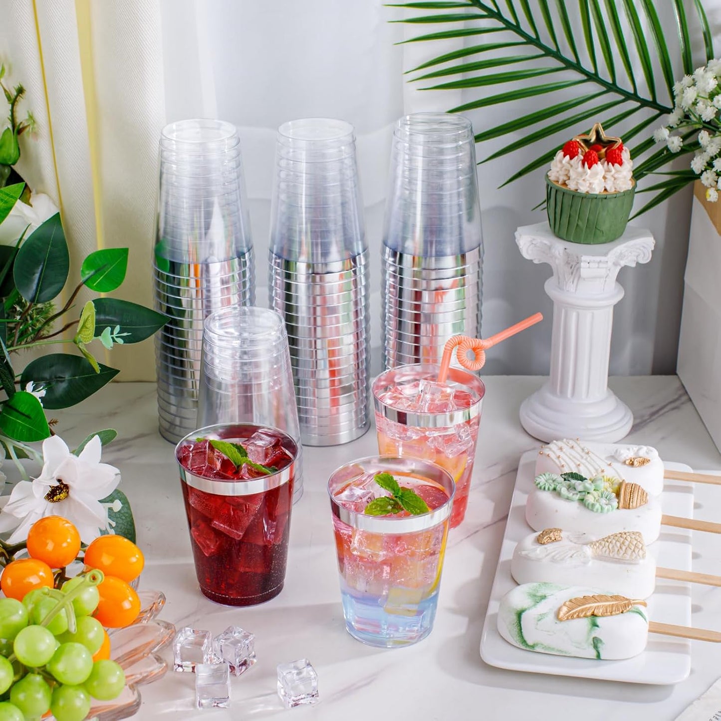 supernal 100pcs Gold Plastic Cups 12 oz, Glitter Clear Disposable Cups Heavy Duty, Fancy Plastic Cocktail Tumblers for Wedding, Parties Champagne & Mixed Drinks