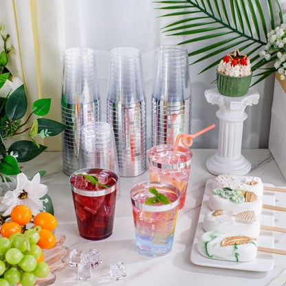 supernal 100pcs Gold Plastic Cups 12 oz, Glitter Clear Disposable Cups Heavy Duty, Fancy Plastic Cocktail Tumblers for Wedding, Parties Champagne & Mixed Drinks