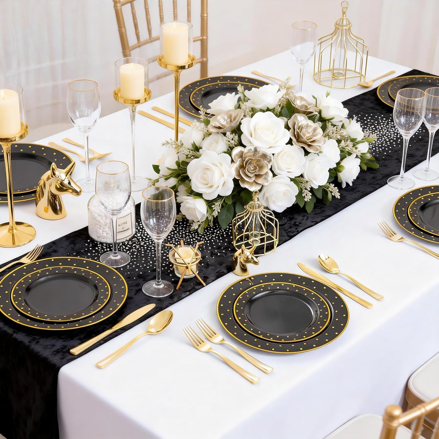 I00000 102 Pieces Gold Plastic Plates, Disposable Party Plates White Gold Rim, 51 Disposable Gold Dinner Plates 10.25 Inch and 51 Disposable Dessert Appetizer Elegant Fancy Wedding Plates 7.5 Inch
