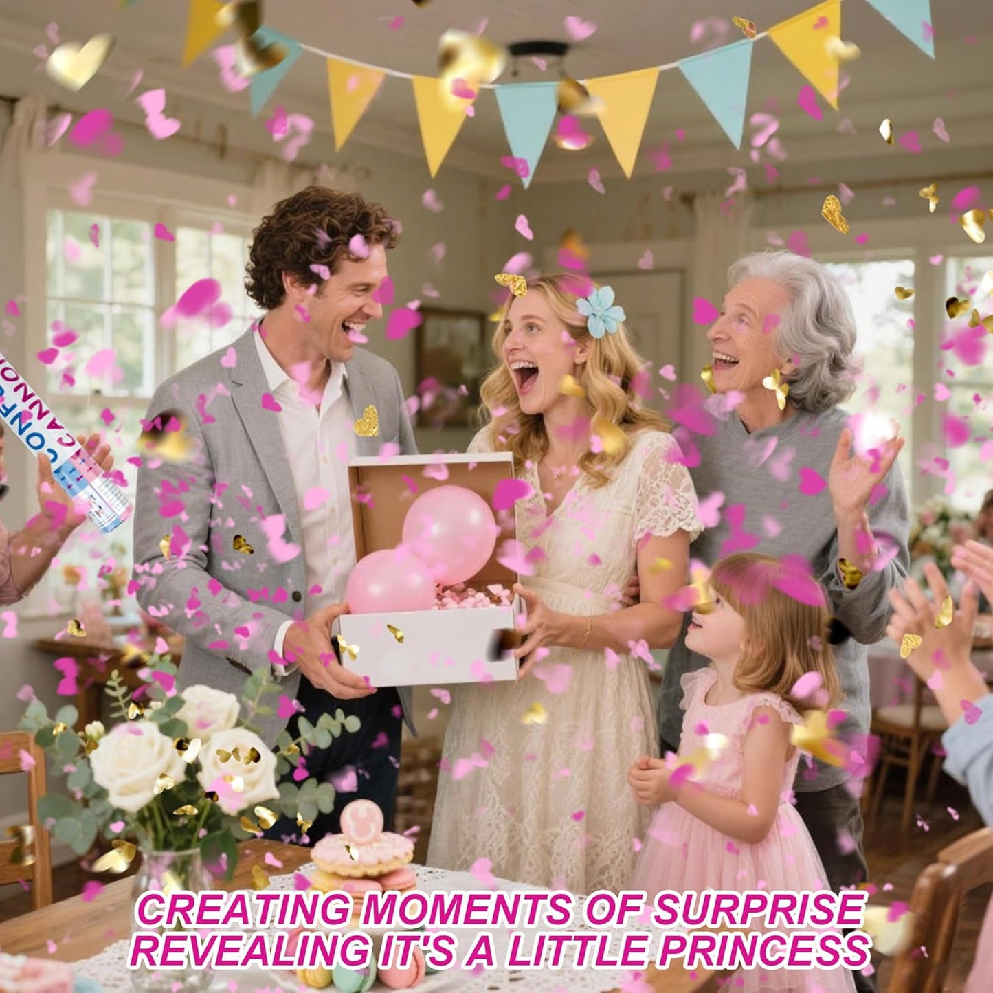 2 Pack Gender Reveal Confetti Cannon, 12 in Pink Square shaped Paper Party Poppers Cannons, Confetti Poppers For Baby Girl Gender Reveal Baby Showers (Square, Pink)