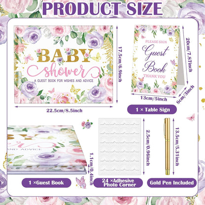 Fuyoooo 27 Pcs Safari Animal Baby Shower Guest Book Set Baby Shower Sign in Guest Floral Book Place Table Cards with Gold Pen Adhesive Photo Corner for Birthday Party