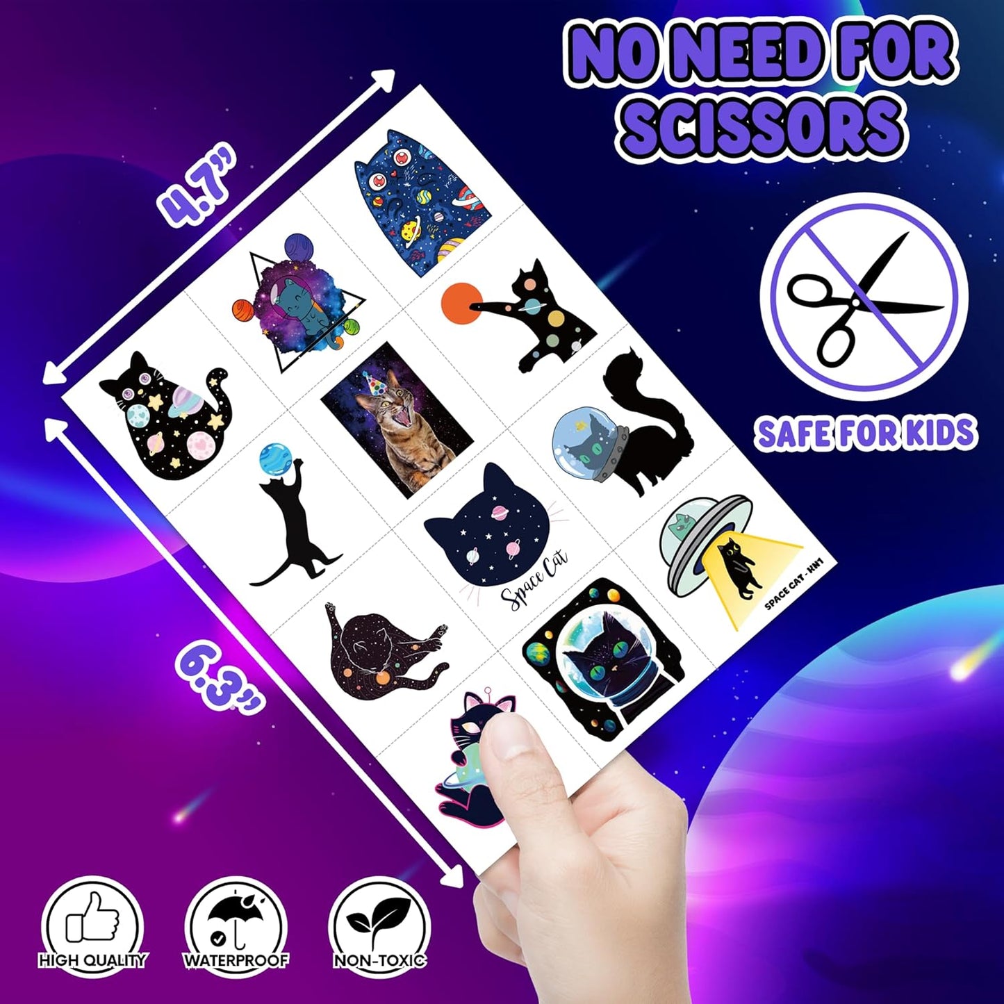 96 PCS Funny Space Cat Temporary Tattoos Themed Birthday Party Decorations Supplies Favors Decor Cute Galaxy Cats Astronaut Star Tattoo Stickers Gifts For Kids Girls Boys School Prizes Carnival