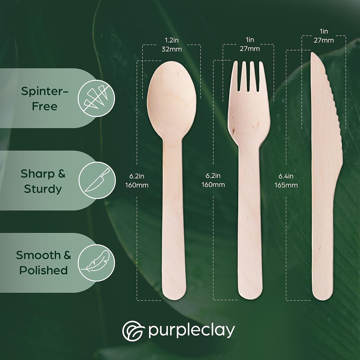 PURPLECLAY Wooden Disposable Utensils Set, 360 PCS Compostable Silverware (120 Forks, 120 Spoons, 120 Knives) Eco Friendly, Plastic-Free Cutlery for Parties & Catering, Alternative to Bamboo Utensils