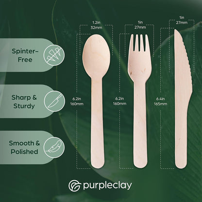 PURPLECLAY Wooden Disposable Utensils Set, 360 PCS Compostable Silverware (120 Forks, 120 Spoons, 120 Knives) Eco Friendly, Plastic-Free Cutlery for Parties & Catering, Alternative to Bamboo Utensils