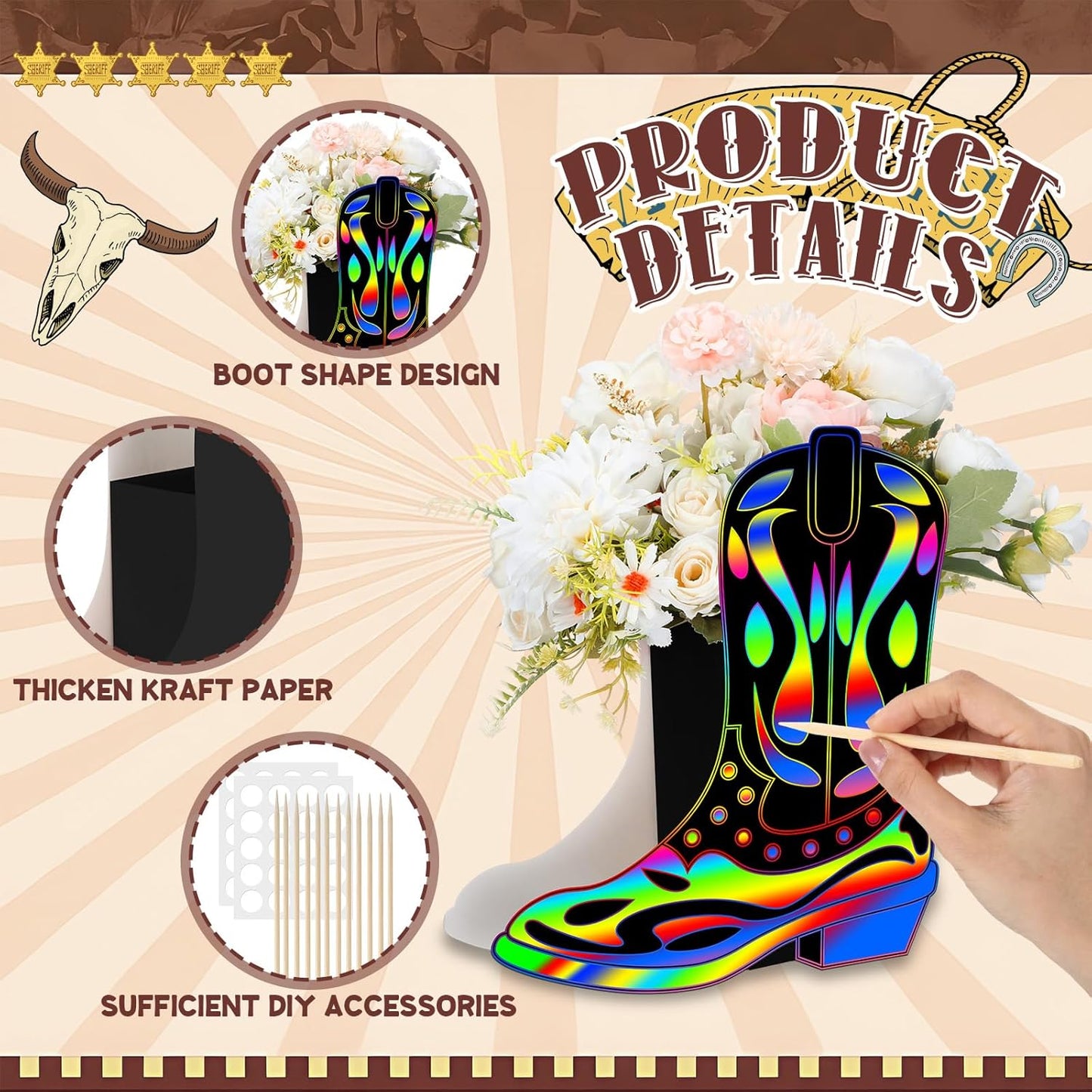 Dunzoom 8 Set DIY Western Cowboy Boots Flower Boxes Crafts Western Cowgirl Centerpiece for Table Cowboy Boot Scratch Art Kit Cowgirl Flower Boxes to Paint Wedding Birthday Party Supplies(Brown)