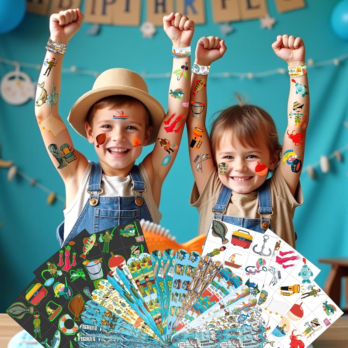 96 PCS Fishing Party Favors Set – 72 Pre-Cut Temporary Tattoos & 24 Slap Bracelets for Kids, Perfect for Outdoor Birthday Parties, Camping Adventures & Classroom Rewards