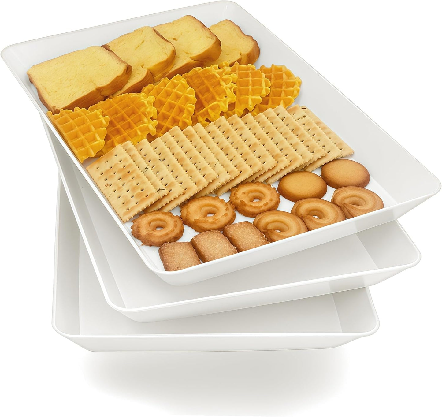 Serving Tray Platter, 4 Pack Food Tray for Veggie Fruit Snack Dessert Cookie Cheese, Food Trays for Party Supplies Display, Plastic Platters for Serving Food, Large White Trays, BPA Free