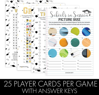DISTINCTIVS Graduation Party Games, 4 Graduation Games for Parties Class of 2026 - This or that, Emoji, Picture Zoom, Word Search - 25 Guests