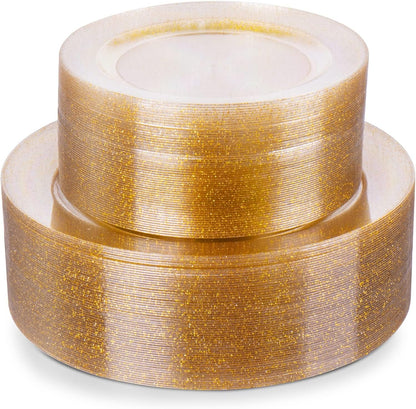 Goodluck 200PCS Gold Plastic Plates, Heavy Duty Disposable Gold Plates with 100 10.25 inch Dinner Plates and 100 7.5 inch Dessert Plates for Party, Holiday, Wedding, Thanksgiving