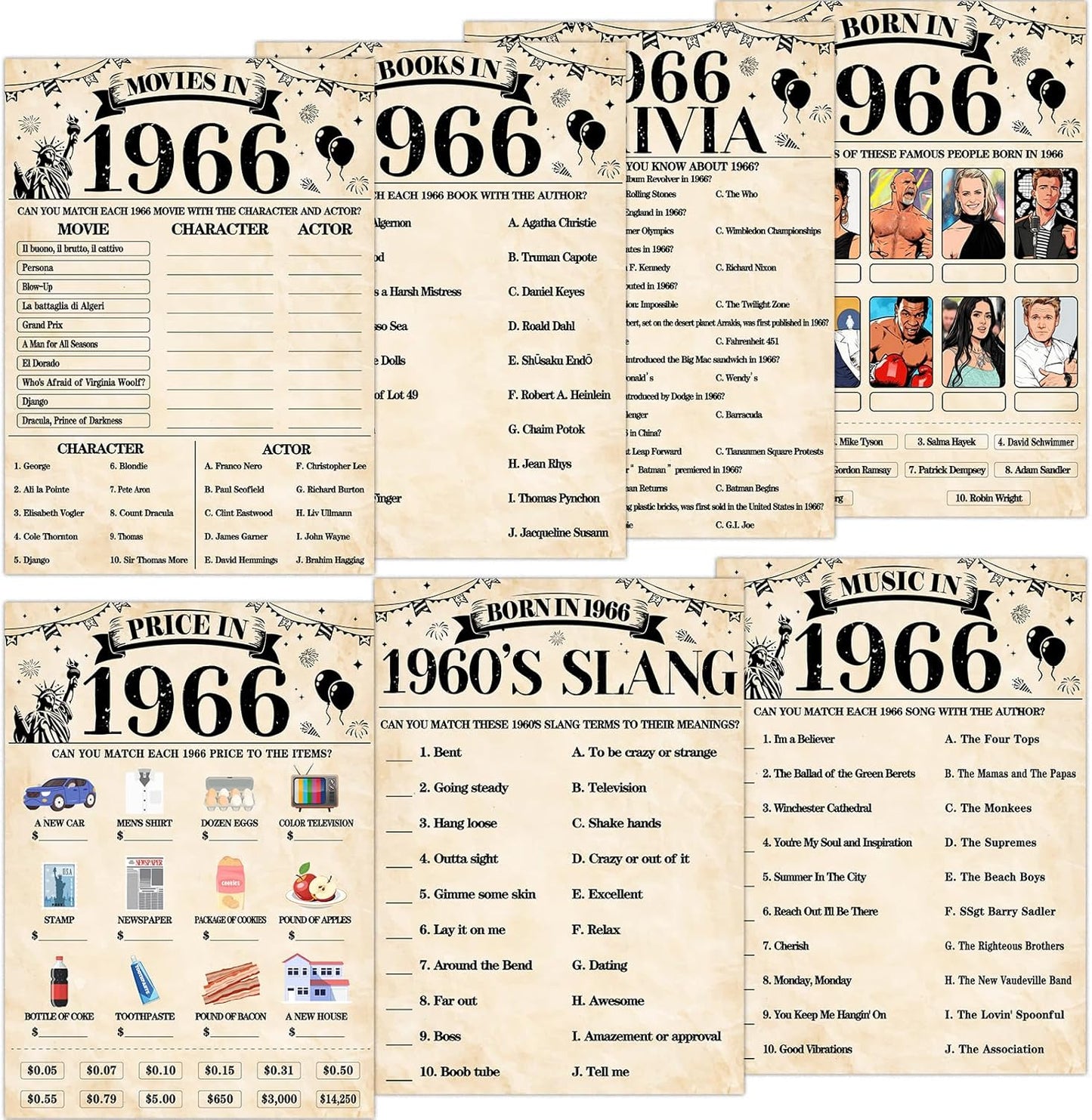 70Pcs 70th Birthday Party Games Born In 1956 Fun 1956 Trivia Music Slang Books Game Double-Sided Game Cards Vintage 70th Birthday Party Supplies for 70 Year Old Activity Anniversary Class Reunion