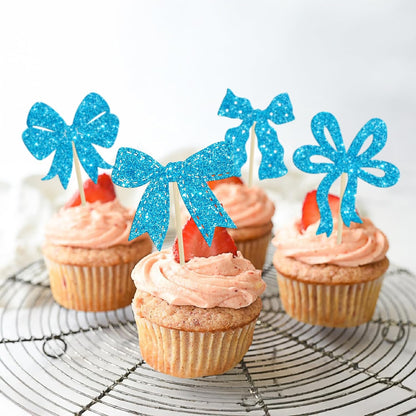 Ephlyn 24Pcs Pink Bow Cupcake Toppers Bow Birthday Cake Topper Girls Birthday Party Decorations Bowknot Cupcake Decorations for Bridal Wedding Themed Party Multi