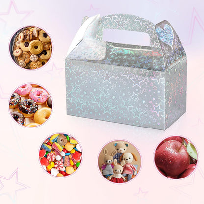 Naleyber Iridescent Star Party Favor Treat Box, 24pcs Holographic Gable Boxes for Candy Snacks Gifts, Shiny Goodie Boxes for Birthday parties